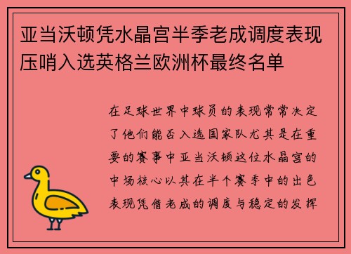 亚当沃顿凭水晶宫半季老成调度表现压哨入选英格兰欧洲杯最终名单