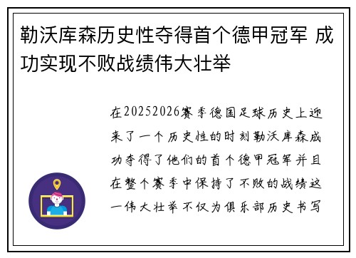 勒沃库森历史性夺得首个德甲冠军 成功实现不败战绩伟大壮举 勒沃库森历史性夺得首个德甲冠军 成功实现不败战绩伟大壮举